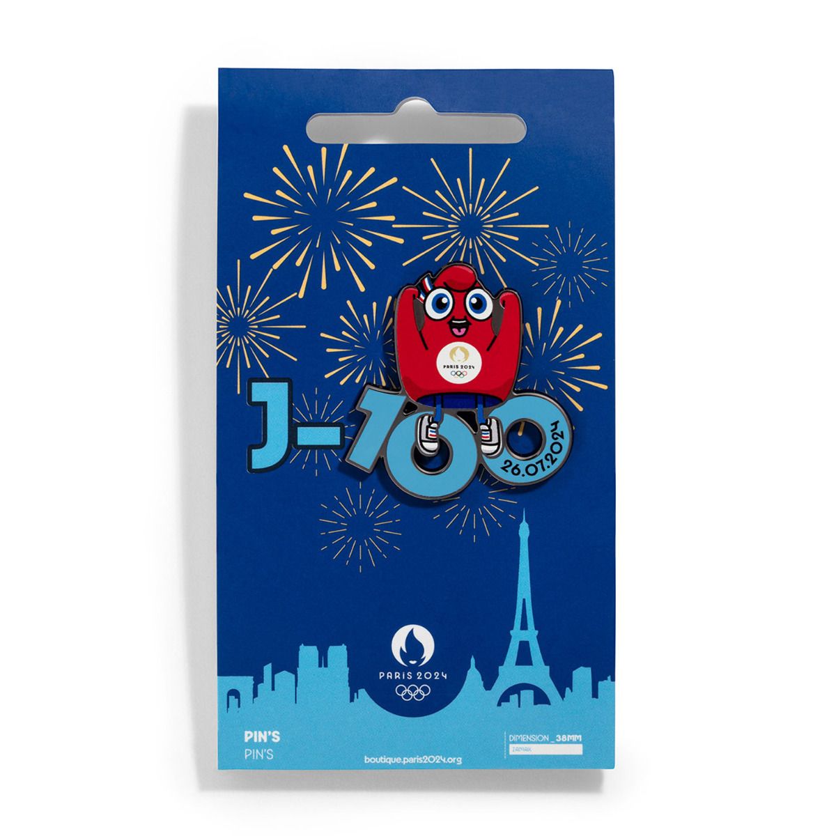 Pin's JO 2024 - Mascotte Décompte J-100 bleu en Zamack face