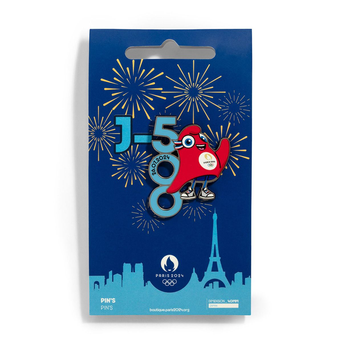 Pin's JO 2024 - Mascotte Count down J-500 bleu en Zamack face