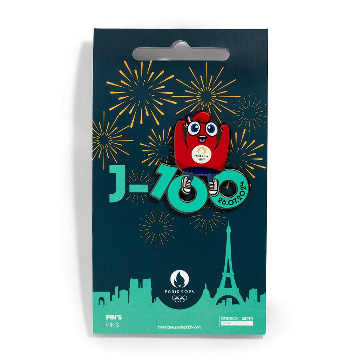 Pin's JO 2024 - Mascotte Décompte J-100 turquoise en Zamack face