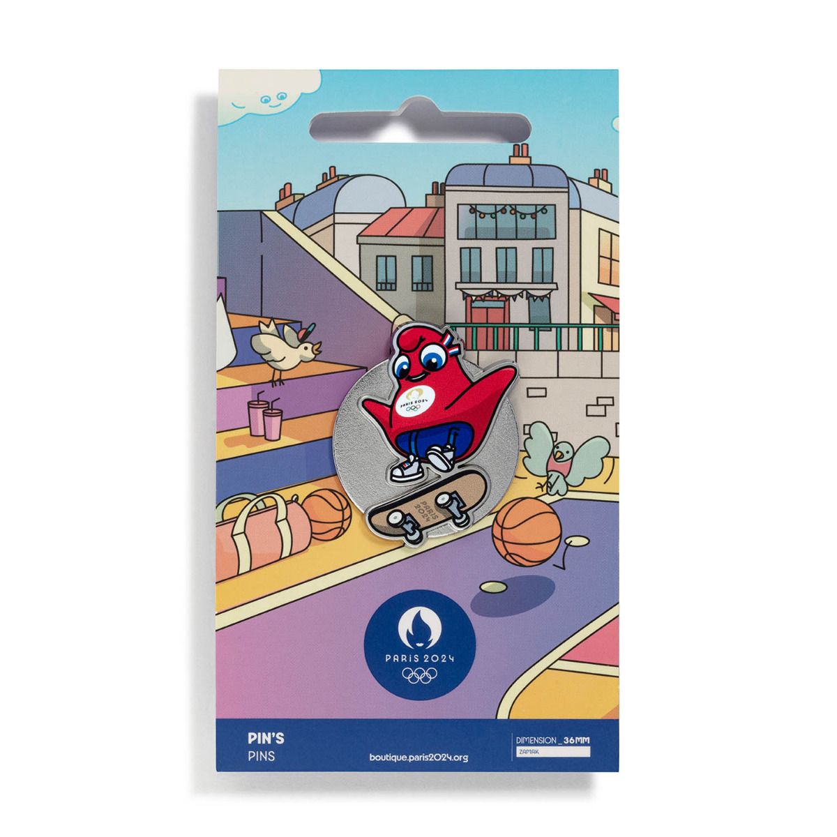 Pin's JO 2024 - Mascotte Sport Skate en Zamack face