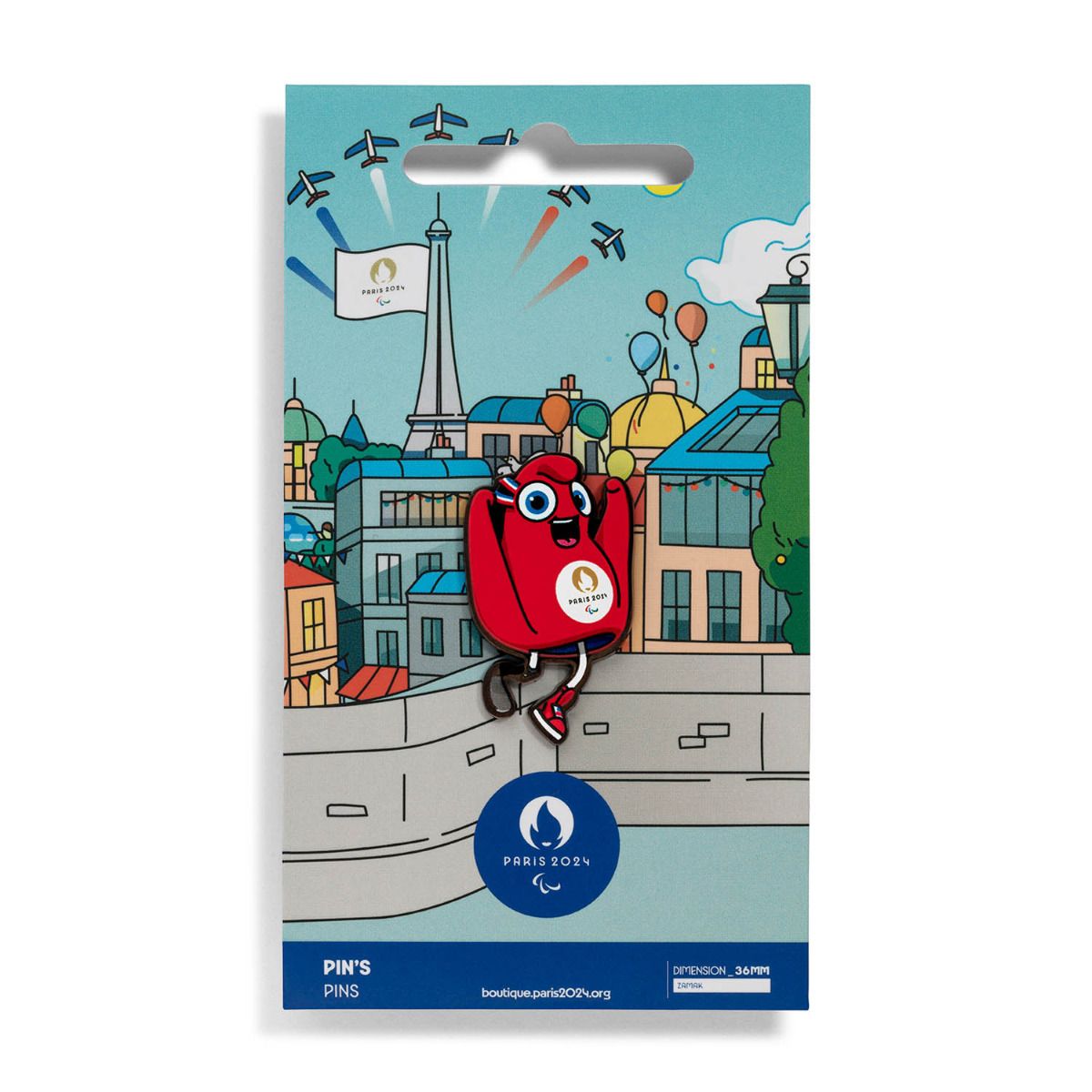 Pin's Para 2024 - Mascotte découpée Jump en Zamack face