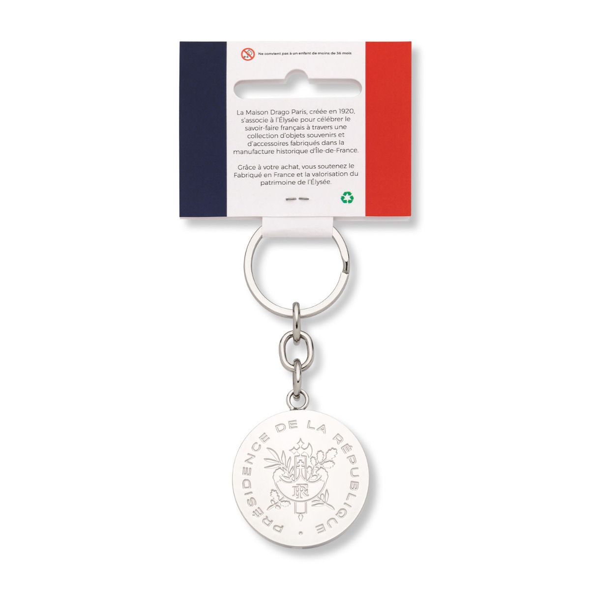 Porte-clés République française tricolore Élysée X Drago Paris revers avec cartonnette